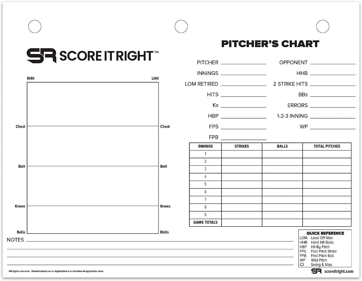 Pitchers Sheet Size: 11" x 8.5" 3-Hole Drilled