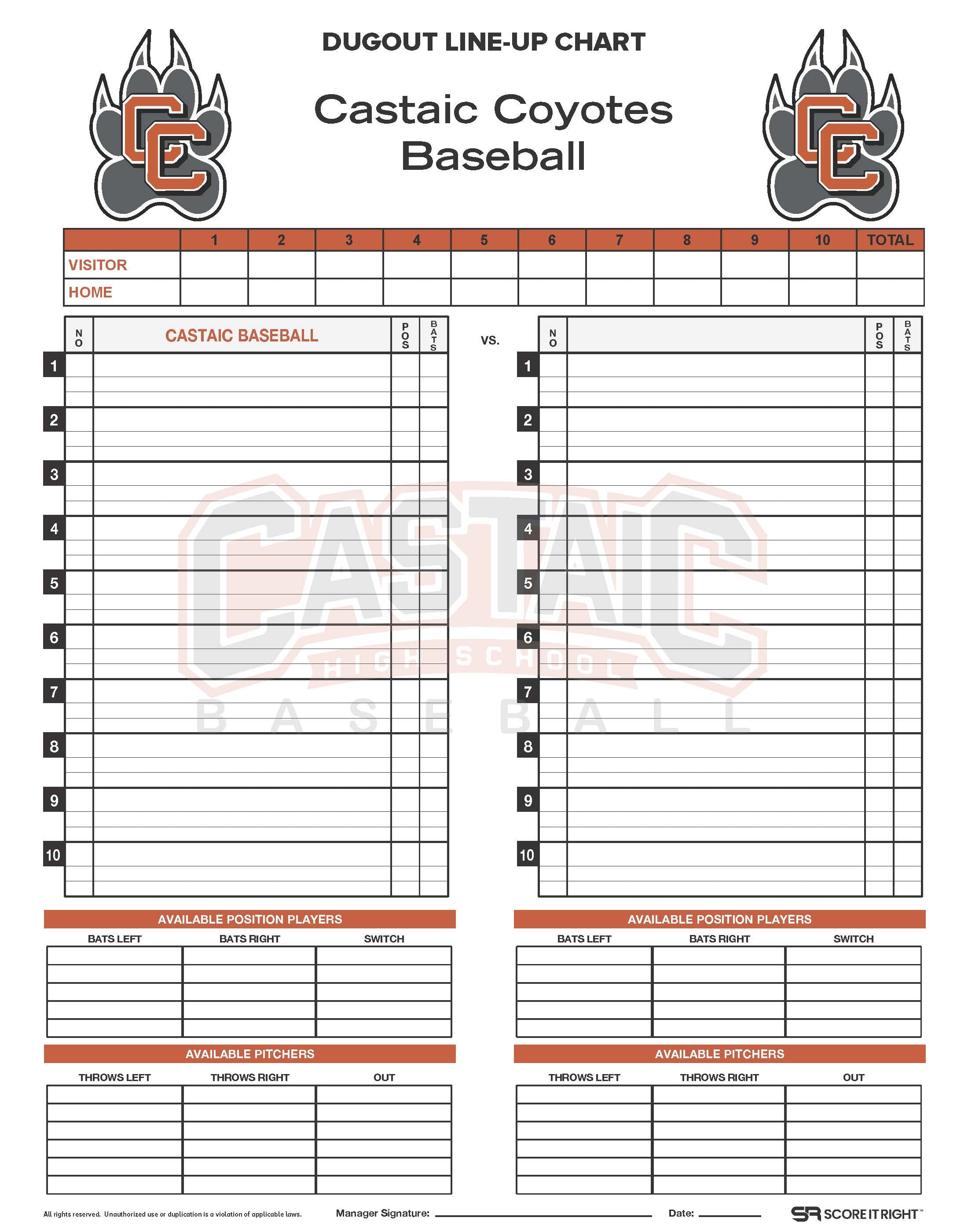 Custom Dugout Line-Up Chart Size: 11" x 14" Durable Cardstock (NO ROSTER) 1 pack comes with 32 pieces