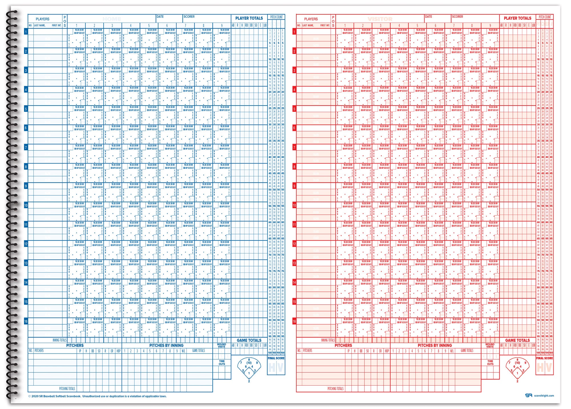 side by side baseball scorebook
softball scorebook with pitch count
30 game large format scorebook