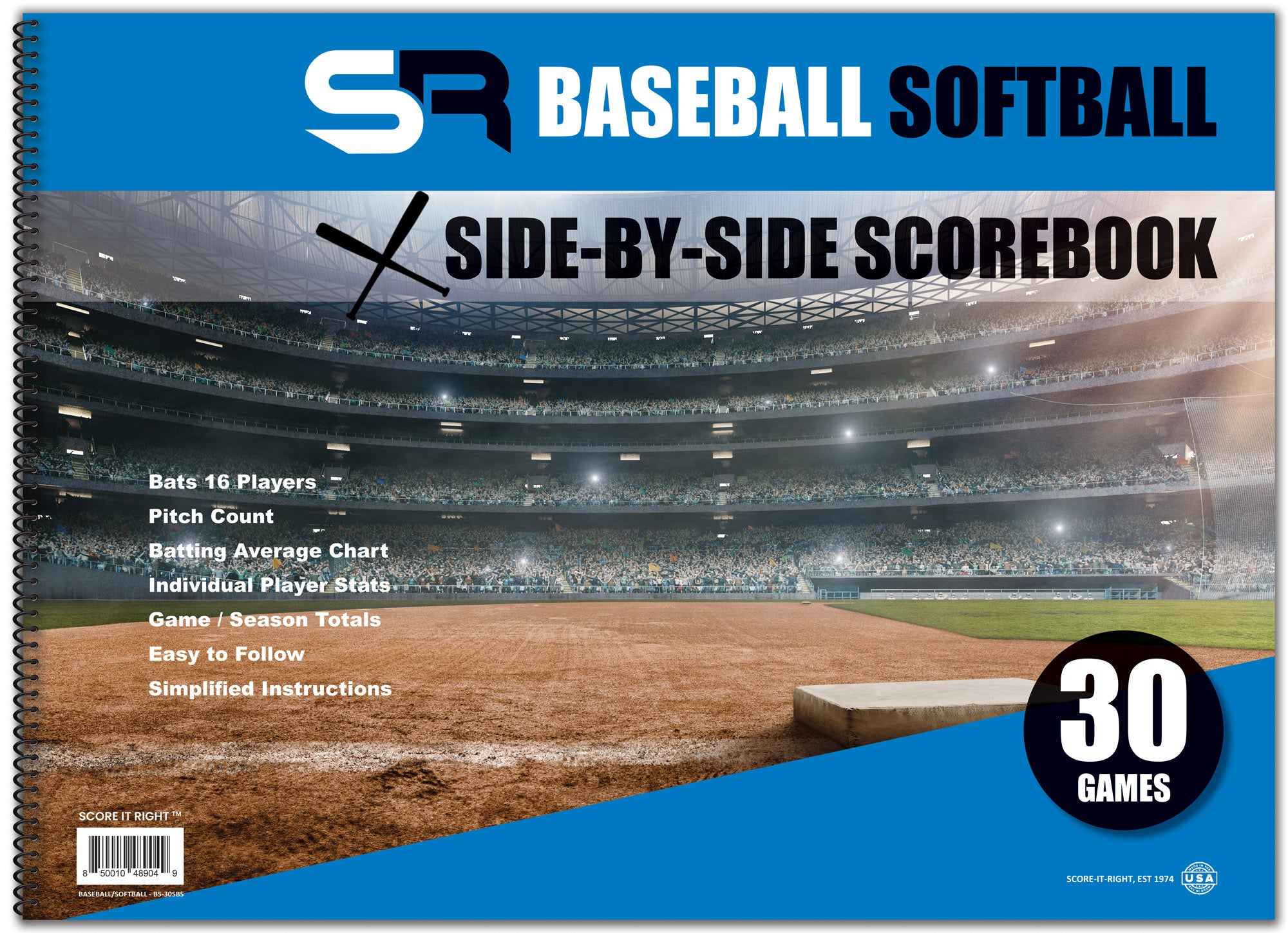 side by side baseball scorebook
softball scorebook with pitch count
30 game large format scorebook