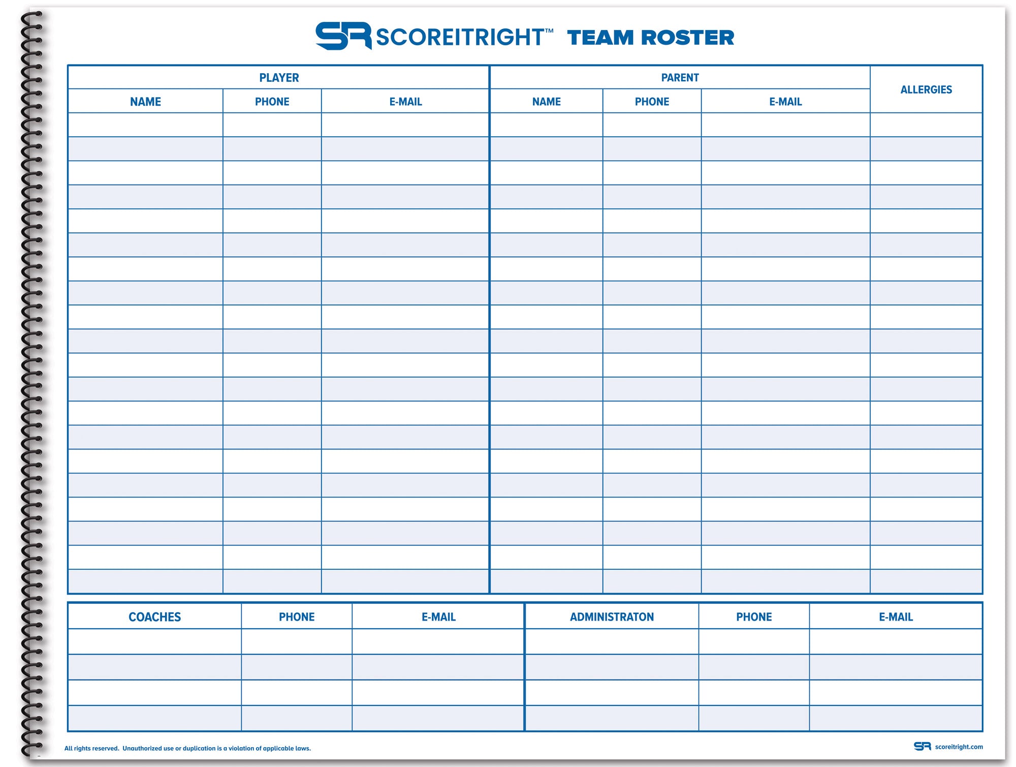team roster example sheet for volleyball scorebook