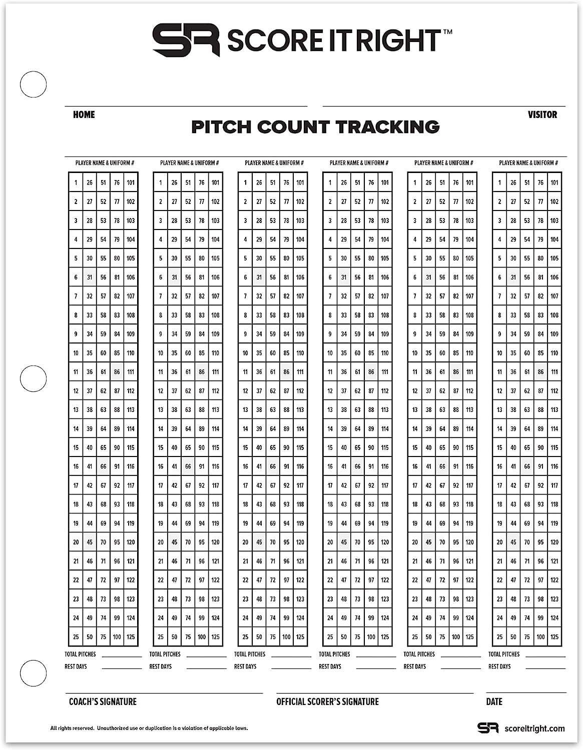 Pitch Count Tracker Size: 8.5" x 11" 3-Hole Drilled for Binders