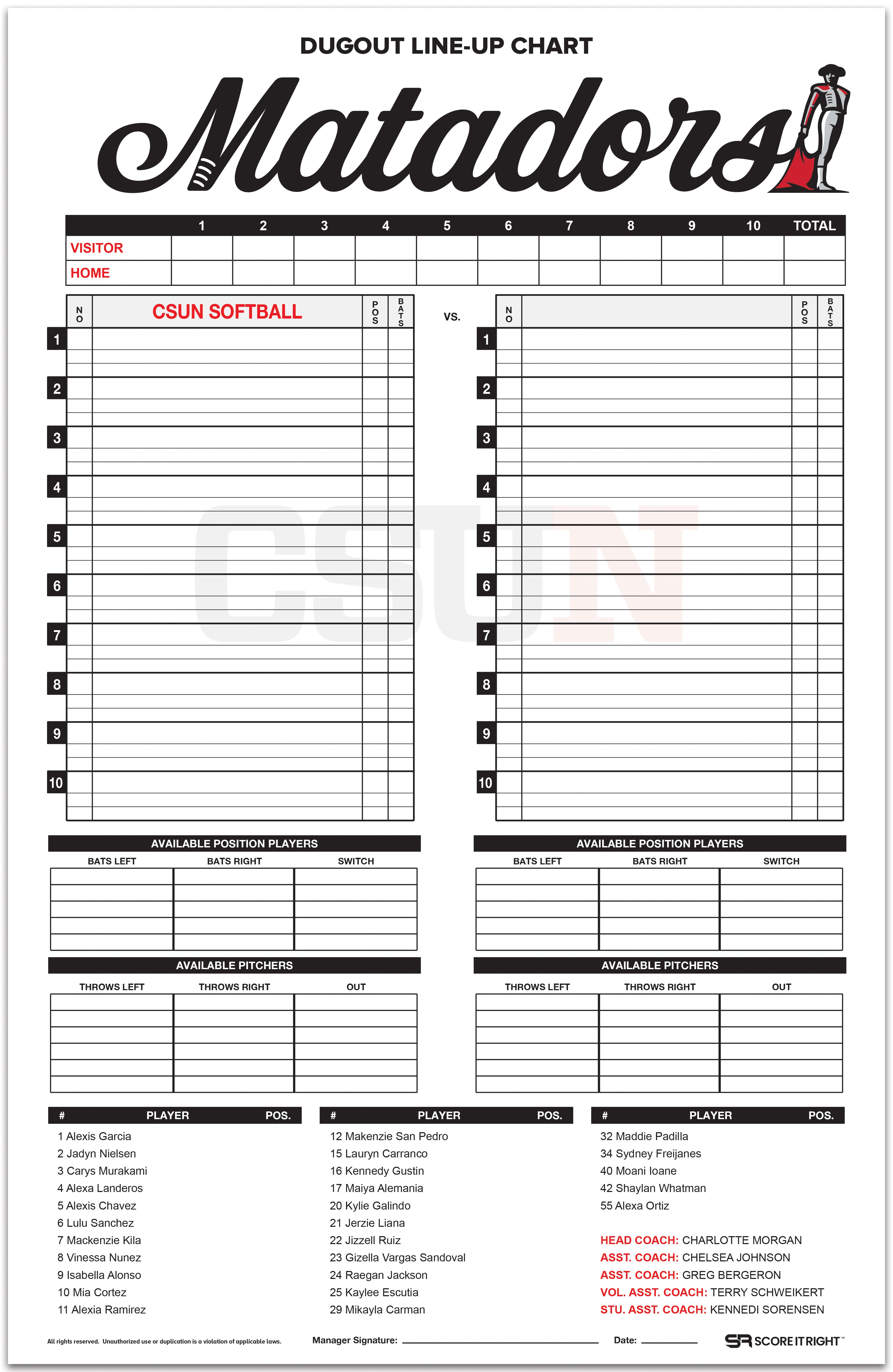 Custom Dugout Line-Up Chart Size: 11" x 17" Durable Cardstock (WITH ROSTER) 1 pack comes with 32 pieces