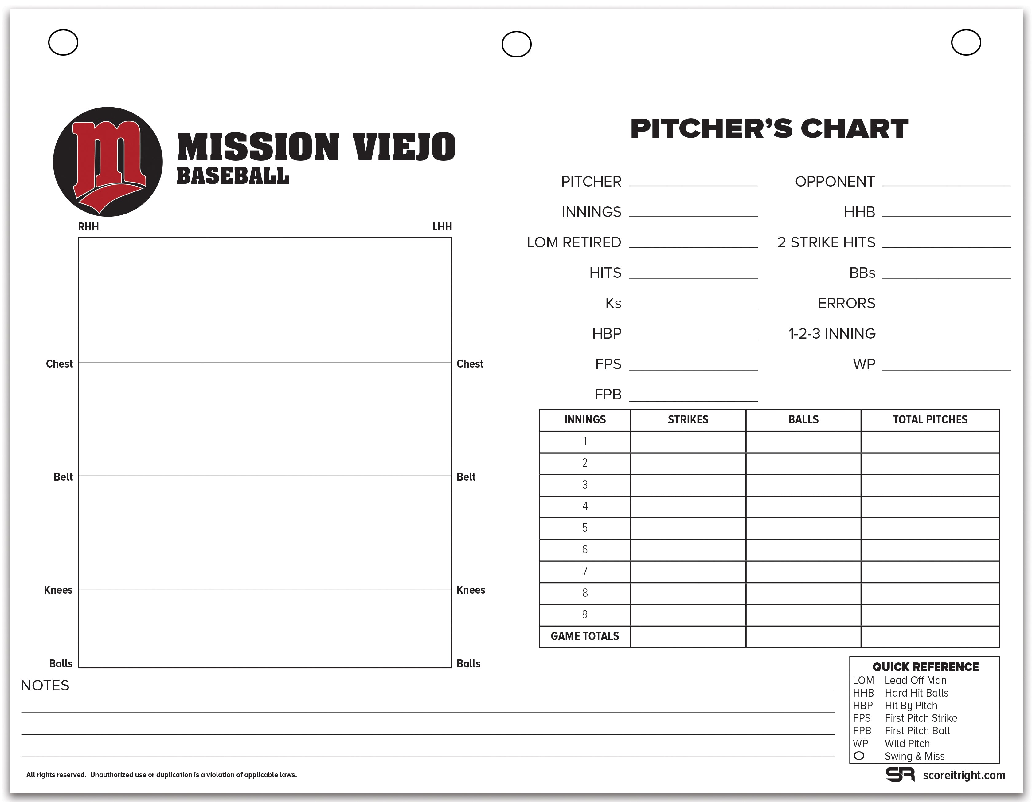 Custom Pitchers Sheet Size: 11" x 8.5" 3-Hole Drilled