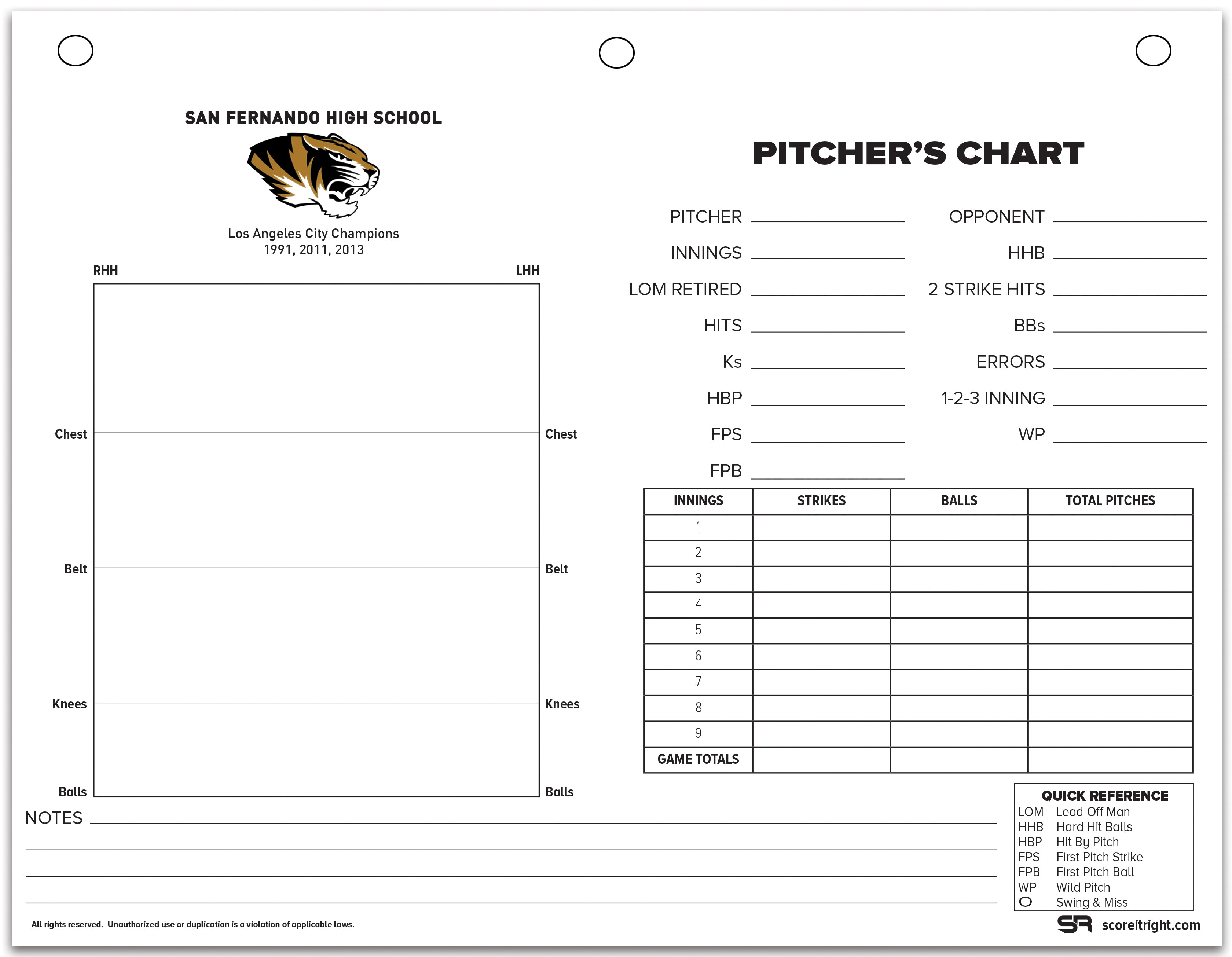 Custom Pitchers Sheet Size: 11" x 8.5" 3-Hole Drilled