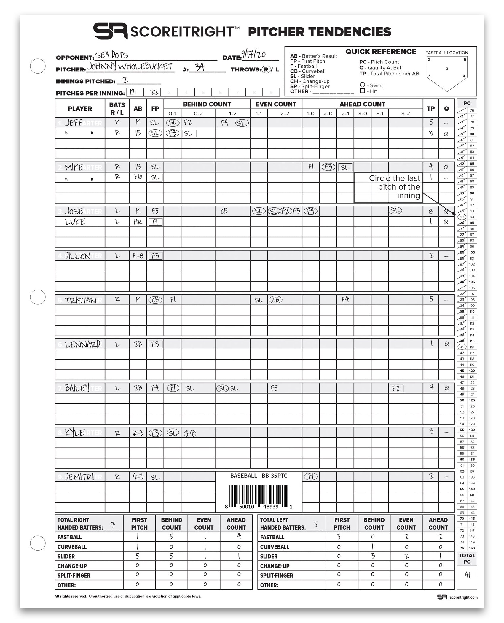 Baseball Pitcher Tendency Chart Size: 9" x 11.5"