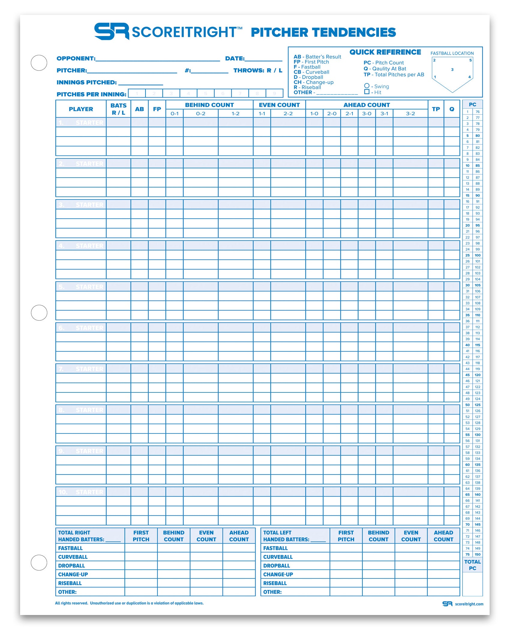 Softball Pitcher Tendency Chart Size: 9 softball-pitcher-tendency-chart-size-9-x-11-5-score-it-right