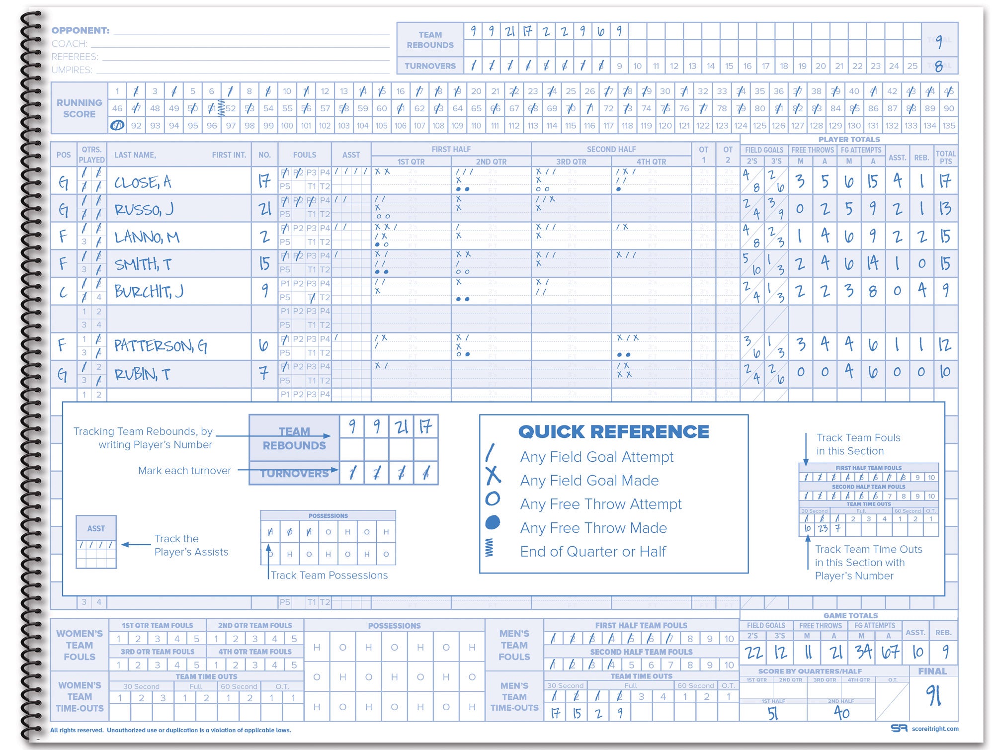 Home Scorebook Basketball Scorebook – 35 Game Scorekeeping Book – 9.25″ × 12″ Stat Bo ...