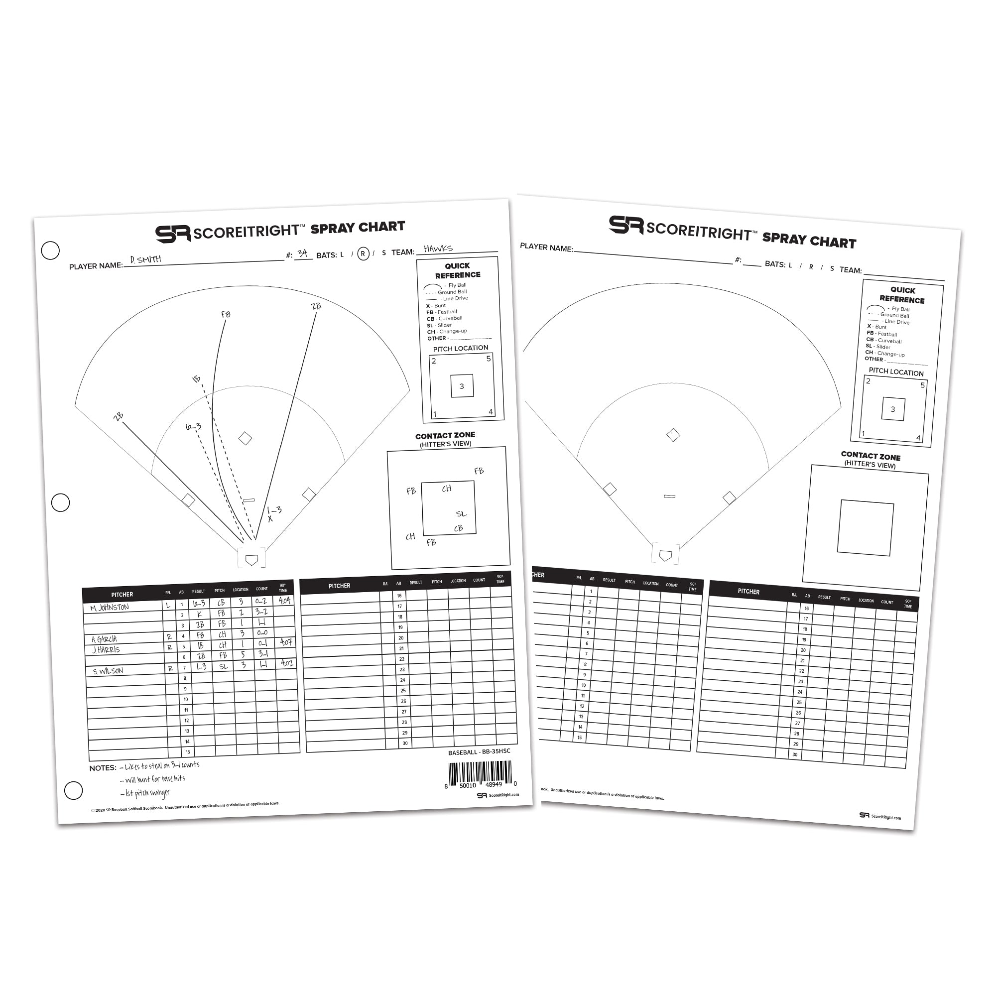 Hitter Spray Chart Size 9" x 11.5" BASEBALL Score It Right