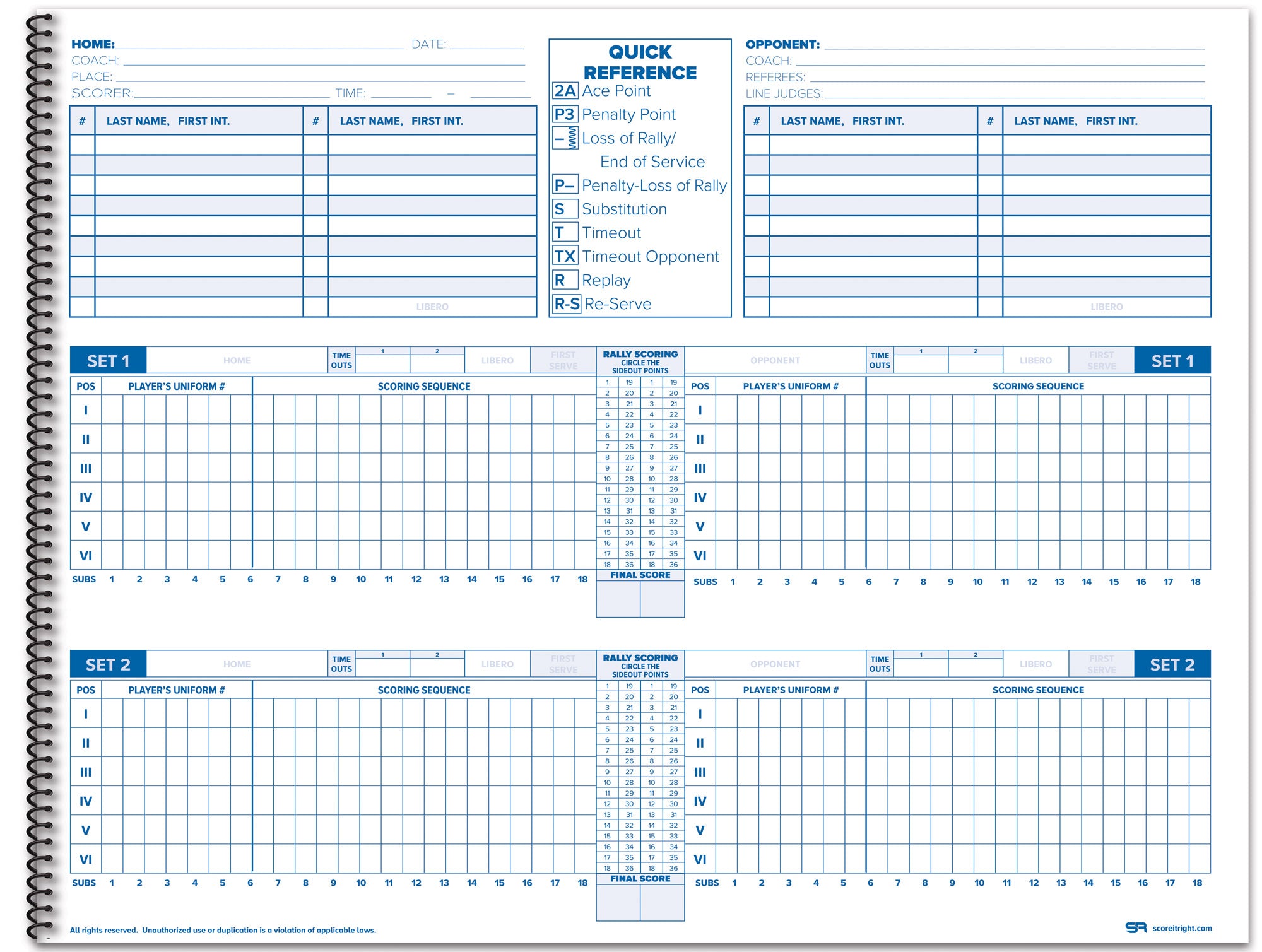 sample sheet of volleyball scorebook