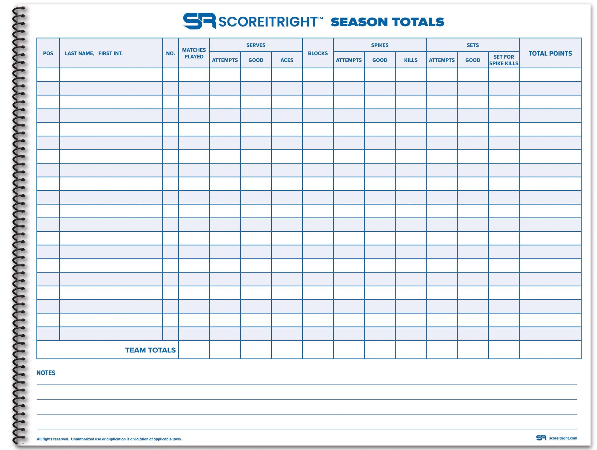 season totals sheet for volleyball scorebook 
