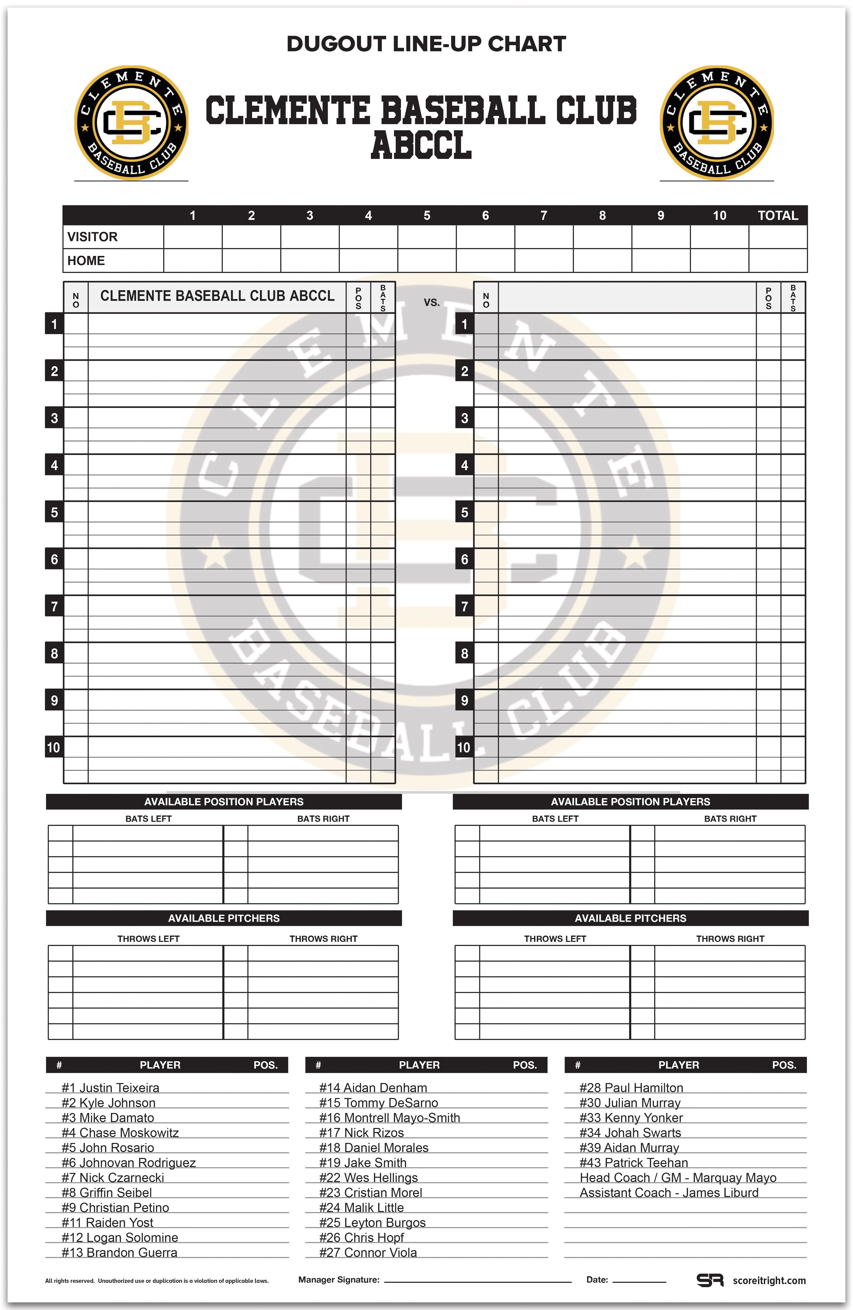 Custom Dugout Line-Up Chart Size: 11" x 17" Durable Cardstock (WITH ROSTER) 1 pack comes with 32 pieces