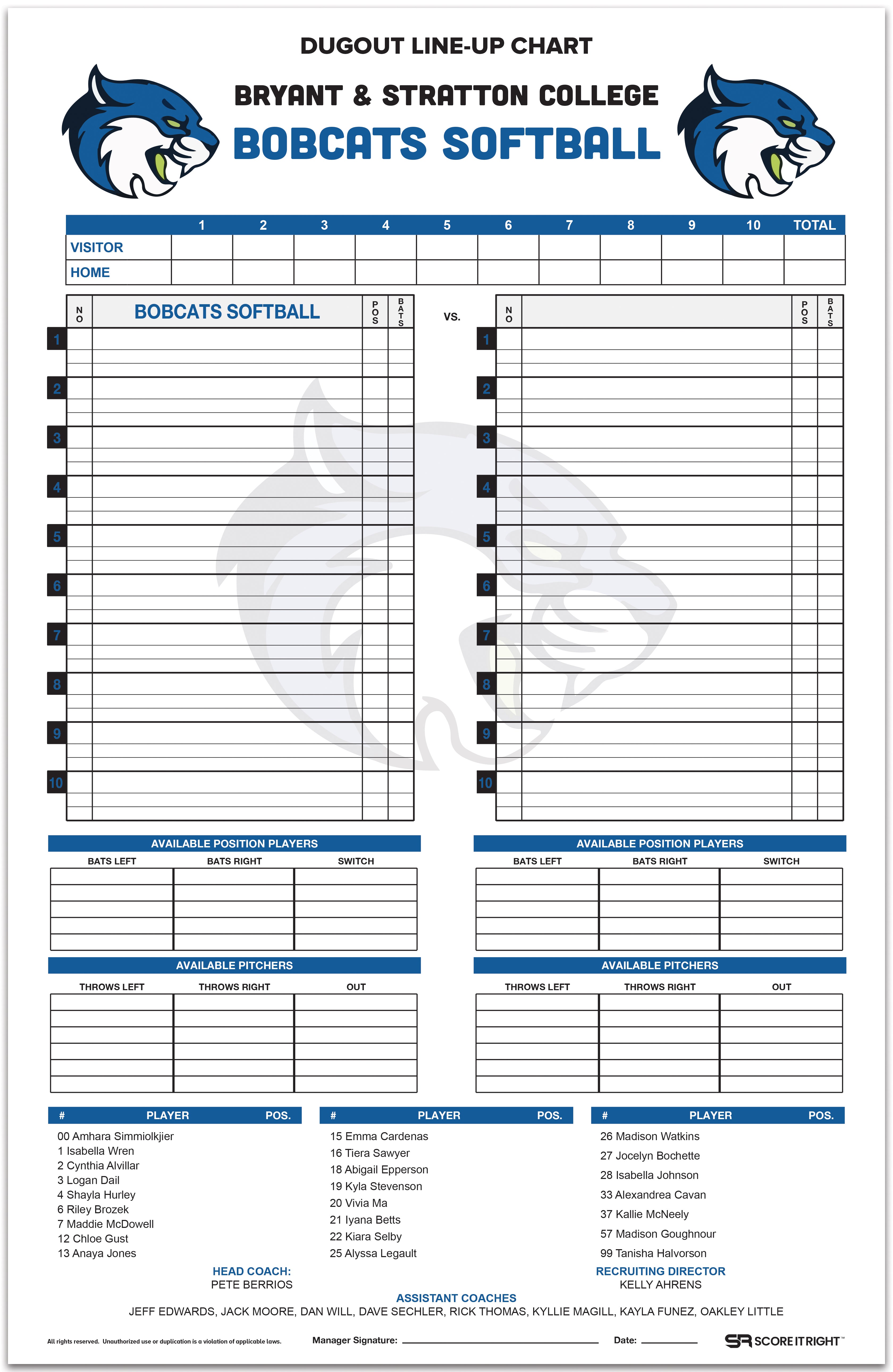 Custom Dugout Line-Up Chart Size: 11" x 17" Durable Cardstock (WITH ROSTER) 1 pack comes with 32 pieces